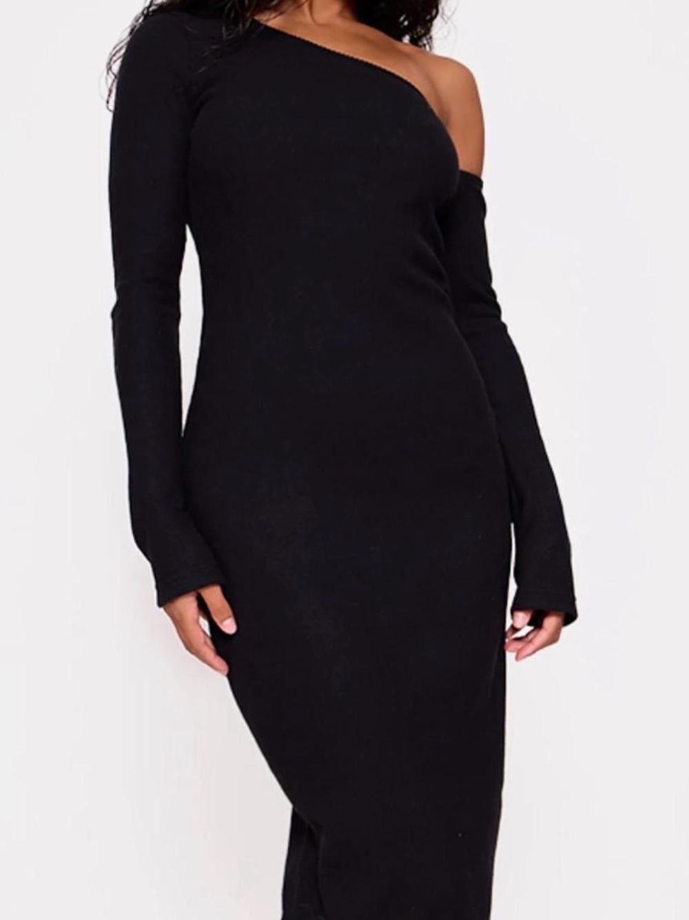 PrettyLittleThing Black One-Shoulder Long Sleeve Midi Dress